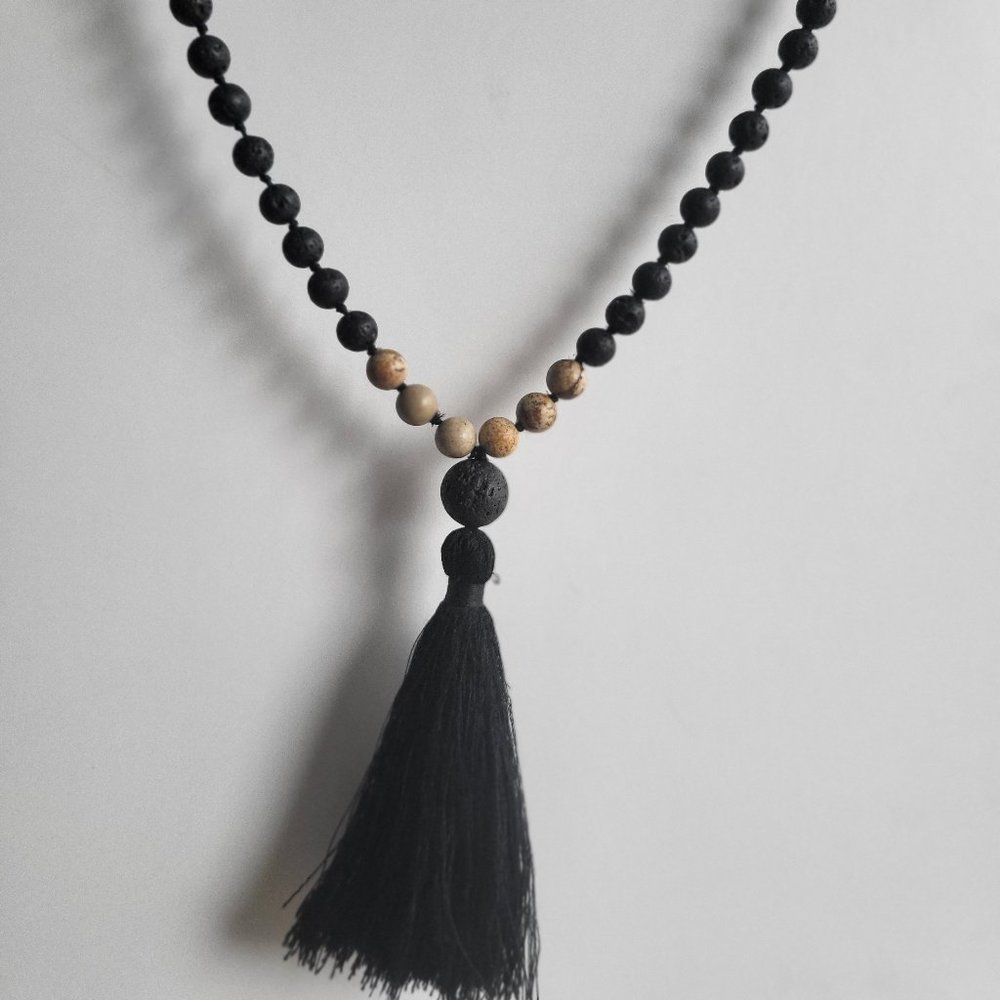 Natural lava stone Mala Necklace Black diffuser stones Very long